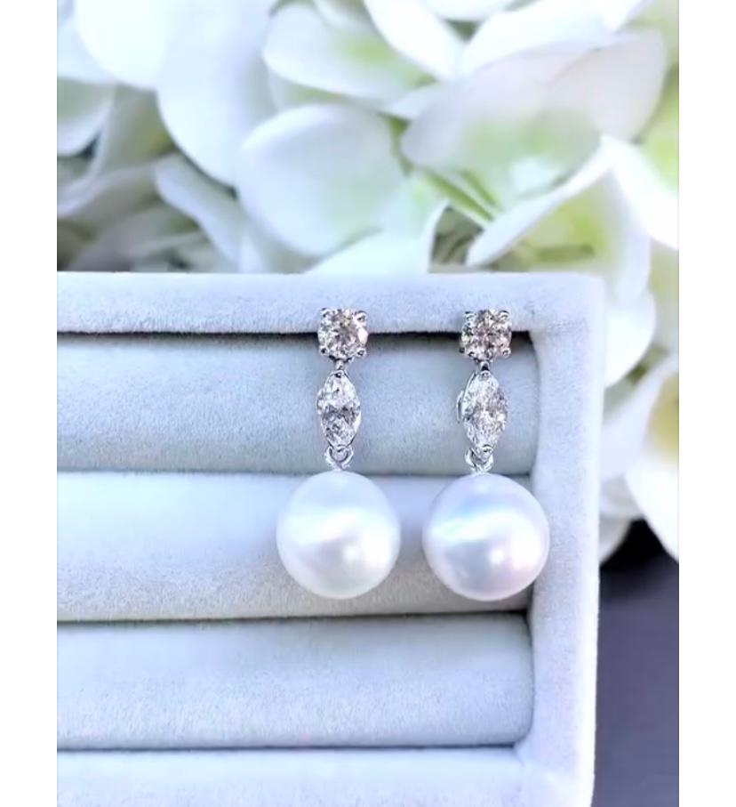 GIT Certified South Sea Pearls GIA Certified Marquise Cut Diamonds Earrings For Sale 1