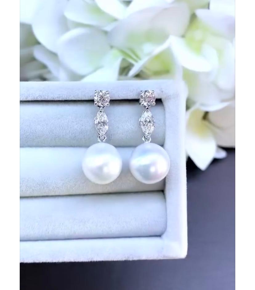 GIT Certified South Sea Pearls GIA Certified Marquise Cut Diamonds Earrings For Sale 2