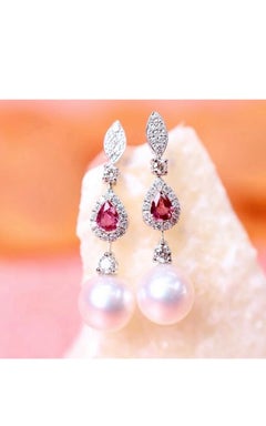 GIT Certified South Sea Pearls Rubies Diamonds 18K Gold Earrings