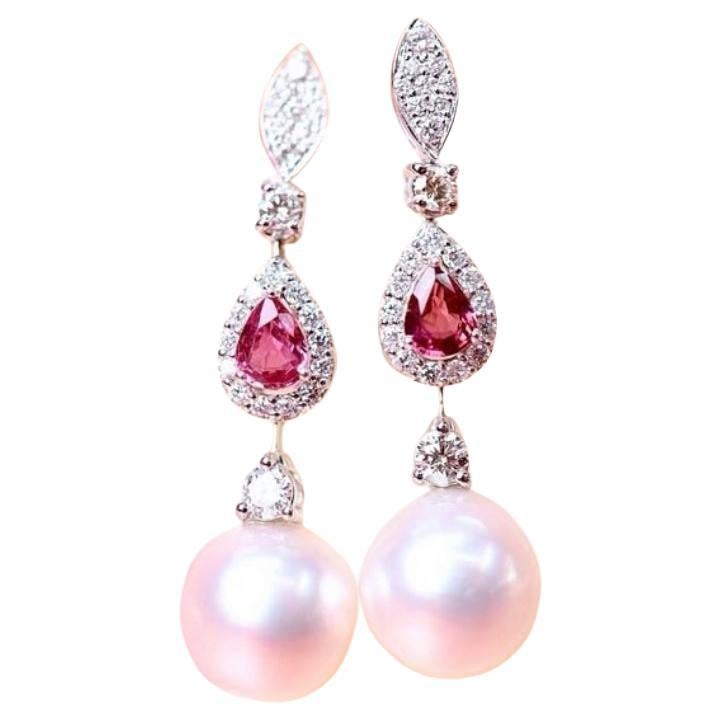 GIT Certified South Sea Pearls Rubies Diamonds 18K Gold Earrings en vente