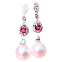 GIT Certified South Sea Pearls Rubies Diamonds 18K Gold Earrings