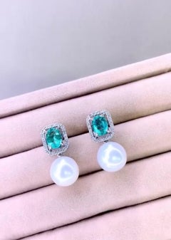 GIT Certified South Sea Pearls Zambian Emeralds Diamonds 18K Gold Earrings