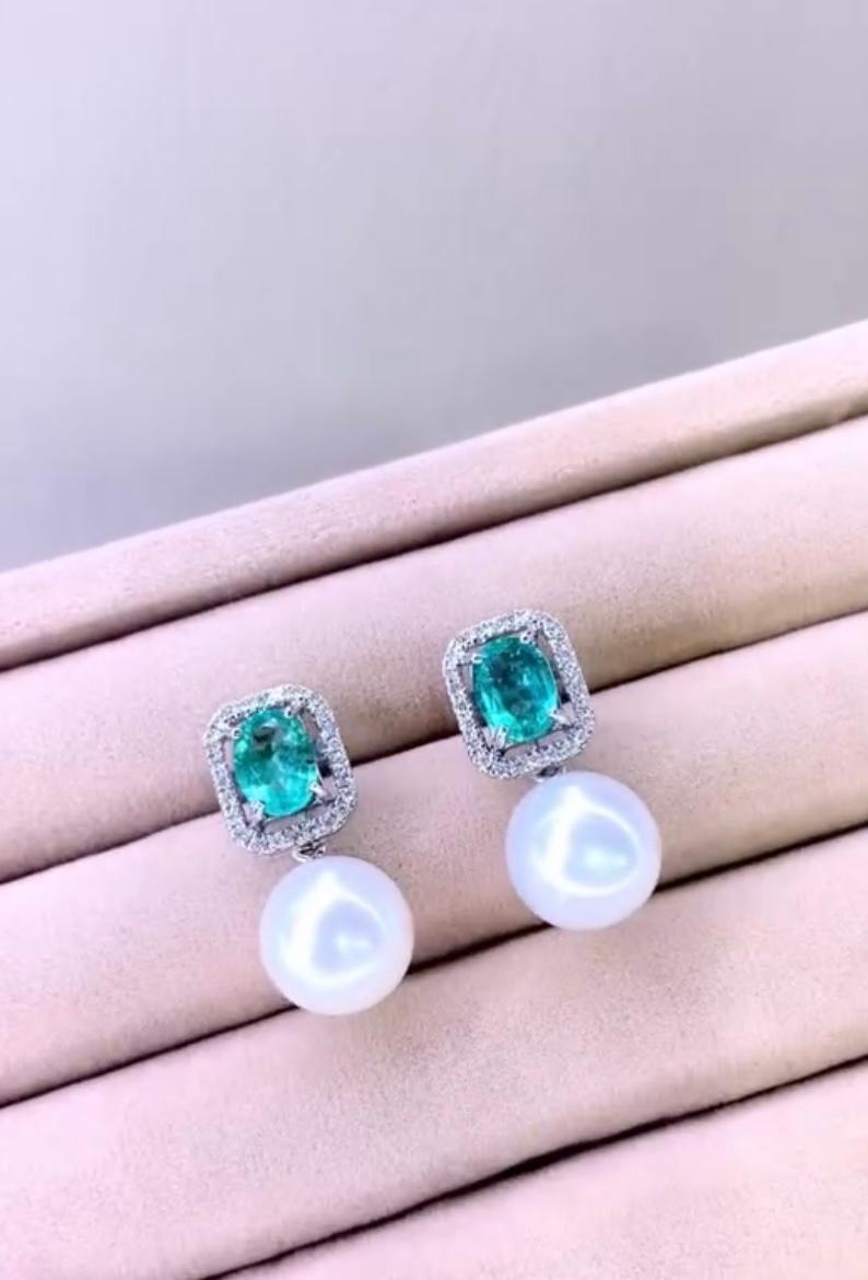 Emerald Cut GIT Certified South Sea Pearls Zambian Emeralds Diamonds 18K Gold Earrings For Sale