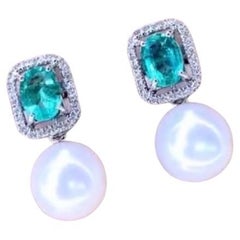 Pendientes de oro de 18 quilates con diamantes Esmeraldas de Zambia Perlas de los Mares del Sur certificadas por GIT