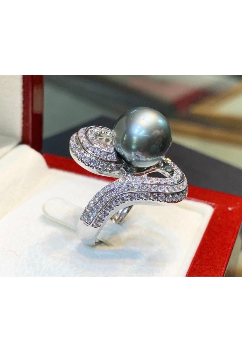 da uomo o donna Anello da cocktail in oro 18 carati con diamanti di perla di Tahiti certificati GIT in vendita