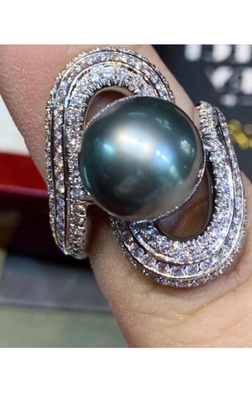 Anello da cocktail in oro 18 carati con diamanti di perla di Tahiti certificati GIT in vendita 2