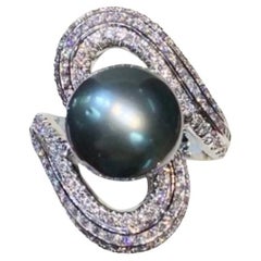 Anello da cocktail in oro 18 carati con diamanti di perla di Tahiti certificati GIT