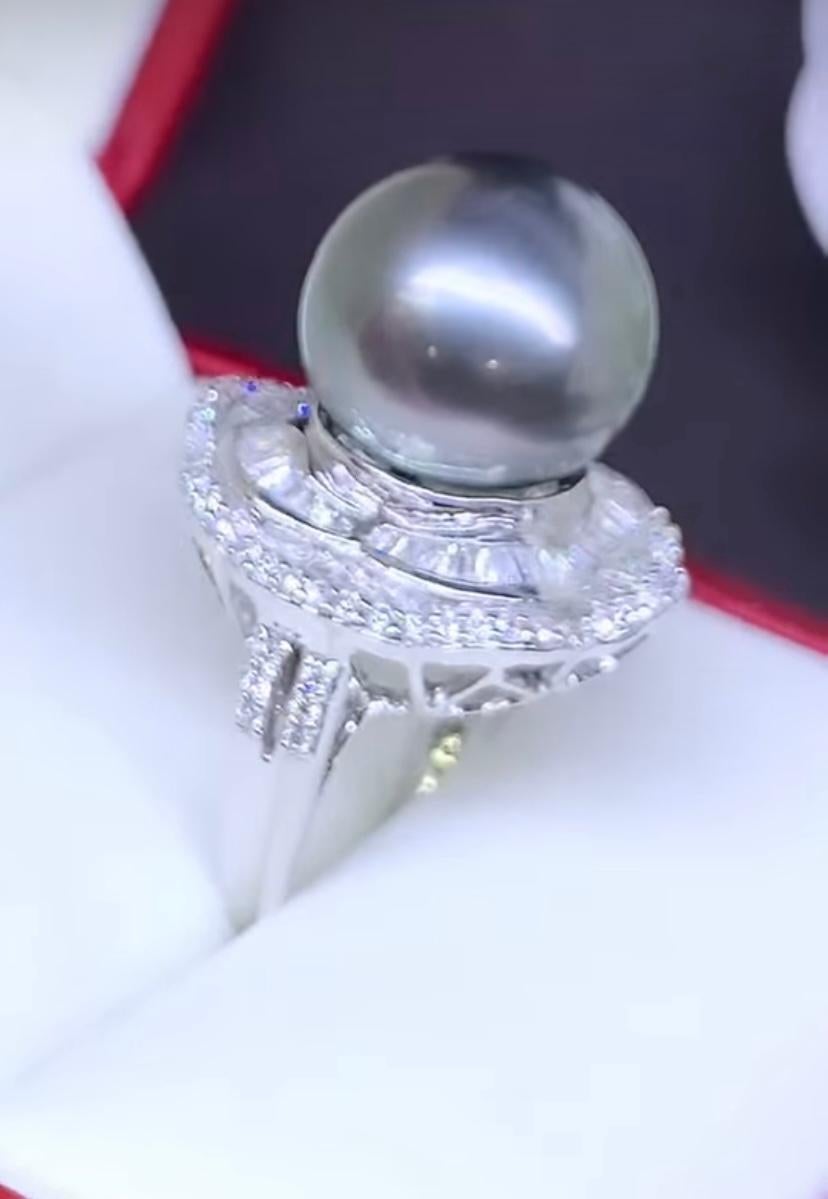 Women's GIT Certified Tahitian Pearl Diamonds 18K Gold Ring For Sale