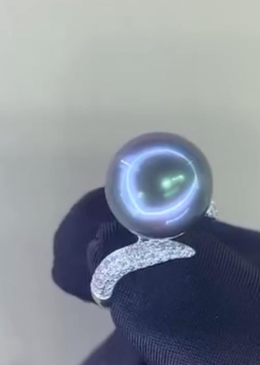 Women's GIT Certified Tahitian Pearl Diamonds 18K Gold Ring For Sale