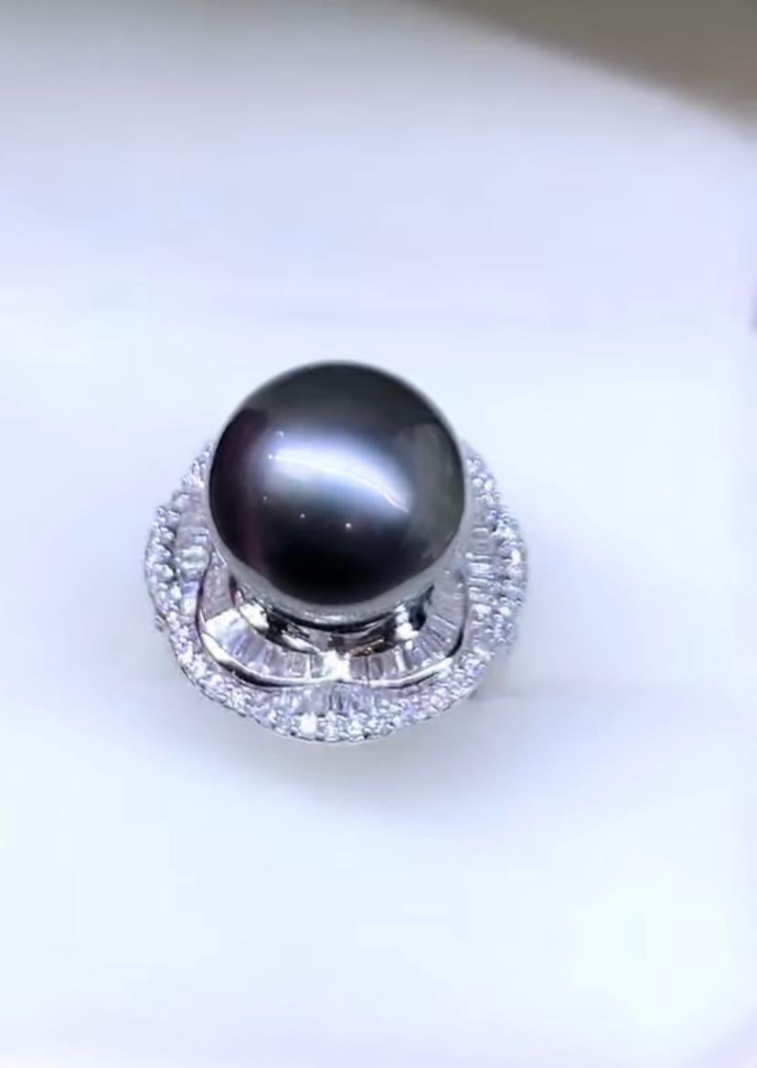 GIT Certified Tahitian Pearl Diamonds 18K Gold Ring For Sale 1