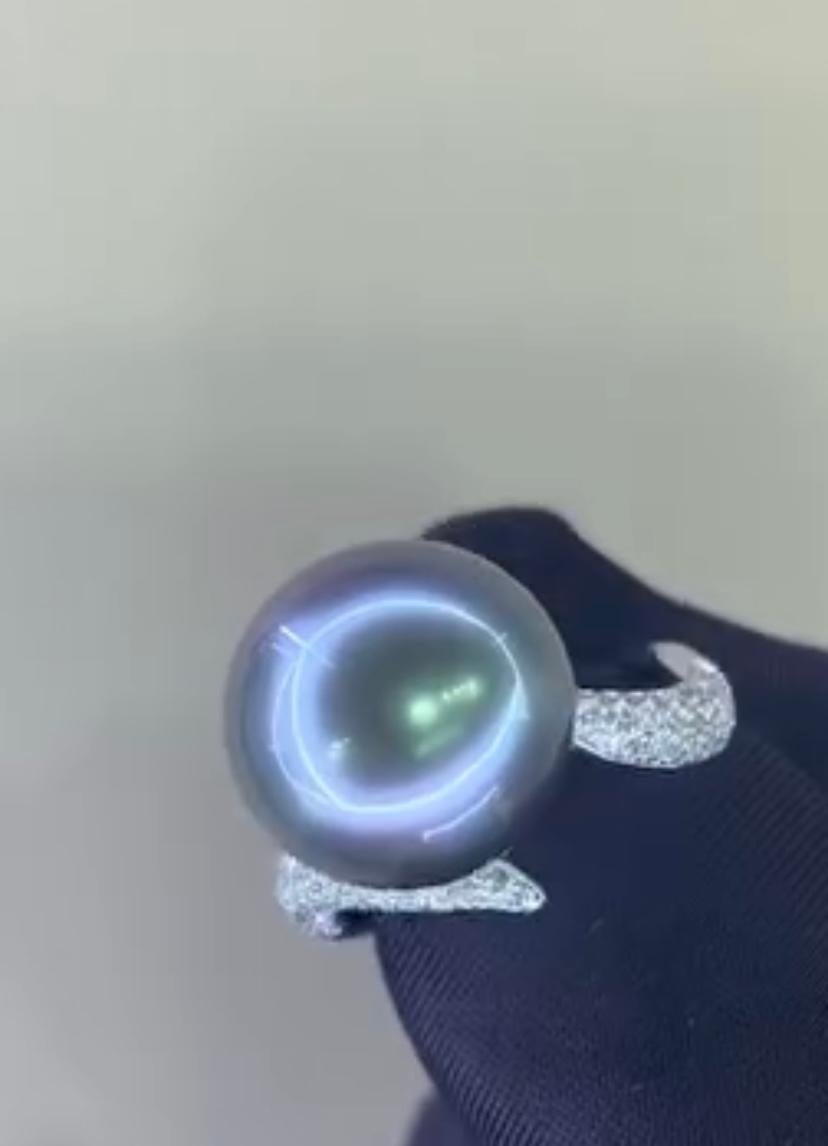 GIT Certified Tahitian Pearl Diamonds 18K Gold Ring For Sale 1