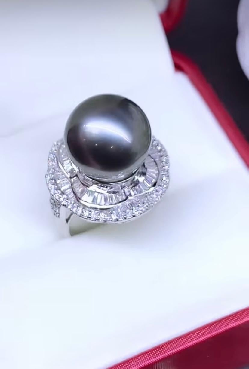 GIT Certified Tahitian Pearl Diamonds 18K Gold Ring For Sale 2