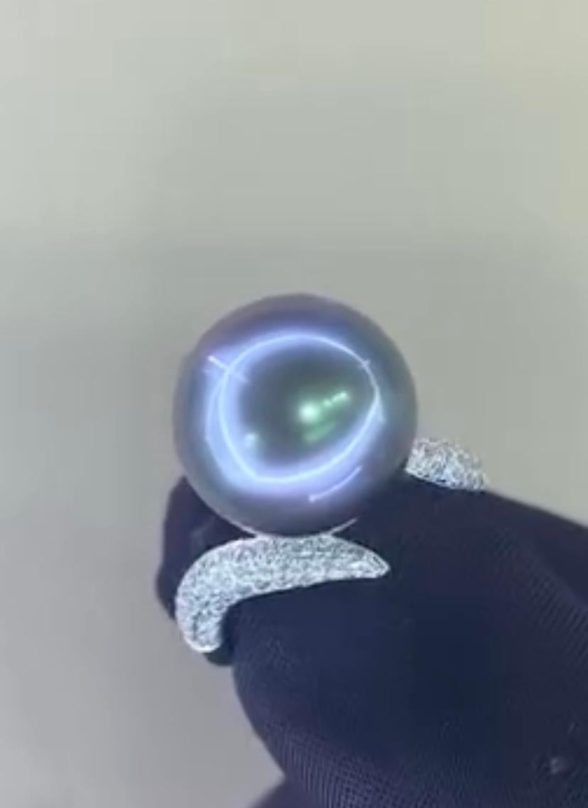 GIT Certified Tahitian Pearl Diamonds 18K Gold Ring For Sale 2