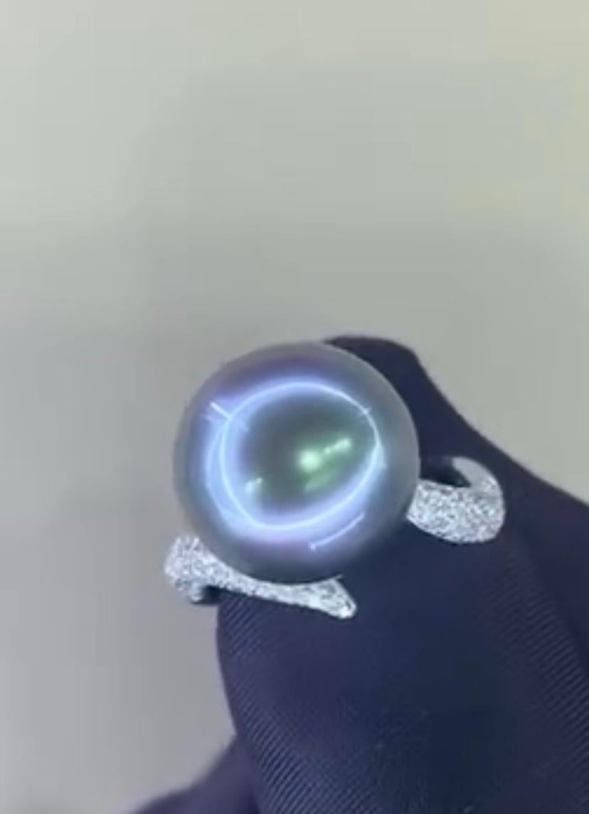 GIT Certified Tahitian Pearl Diamonds 18K Gold Ring For Sale 3