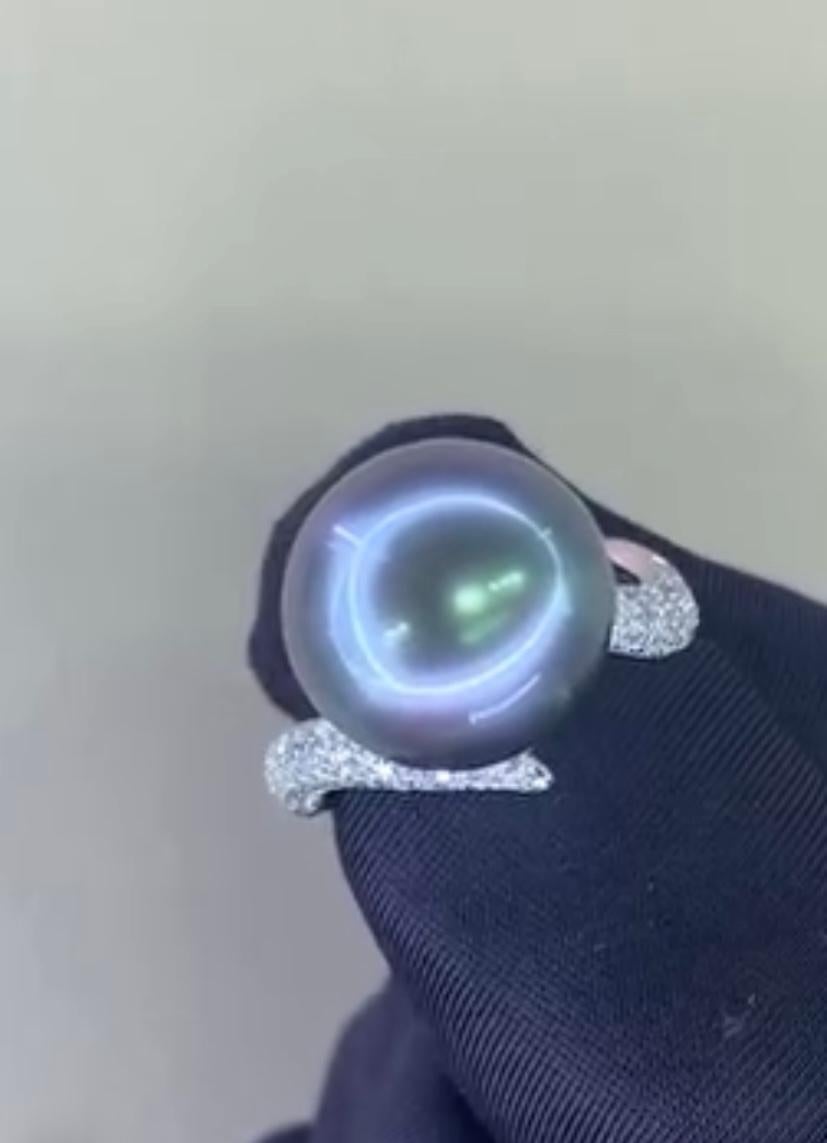 GIT Certified Tahitian Pearl Diamonds 18K Gold Ring For Sale 4