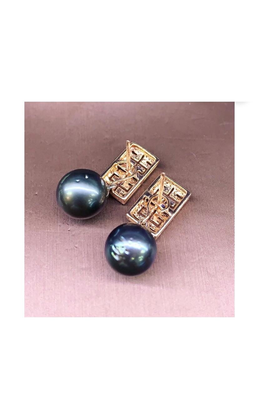 GIT Certified Tahitian Pearls Diamonds 18K Gold Earrings For Sale 2