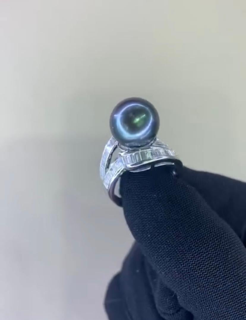 Round Cut GIT Certified Thaitian Pearl Diamonds 18K Gold Ring For Sale