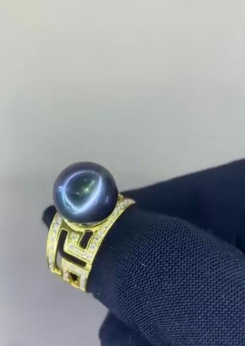 Women's or Men's GIT Certified Thaitian Pearl Diamonds 18K Gold Ring For Sale