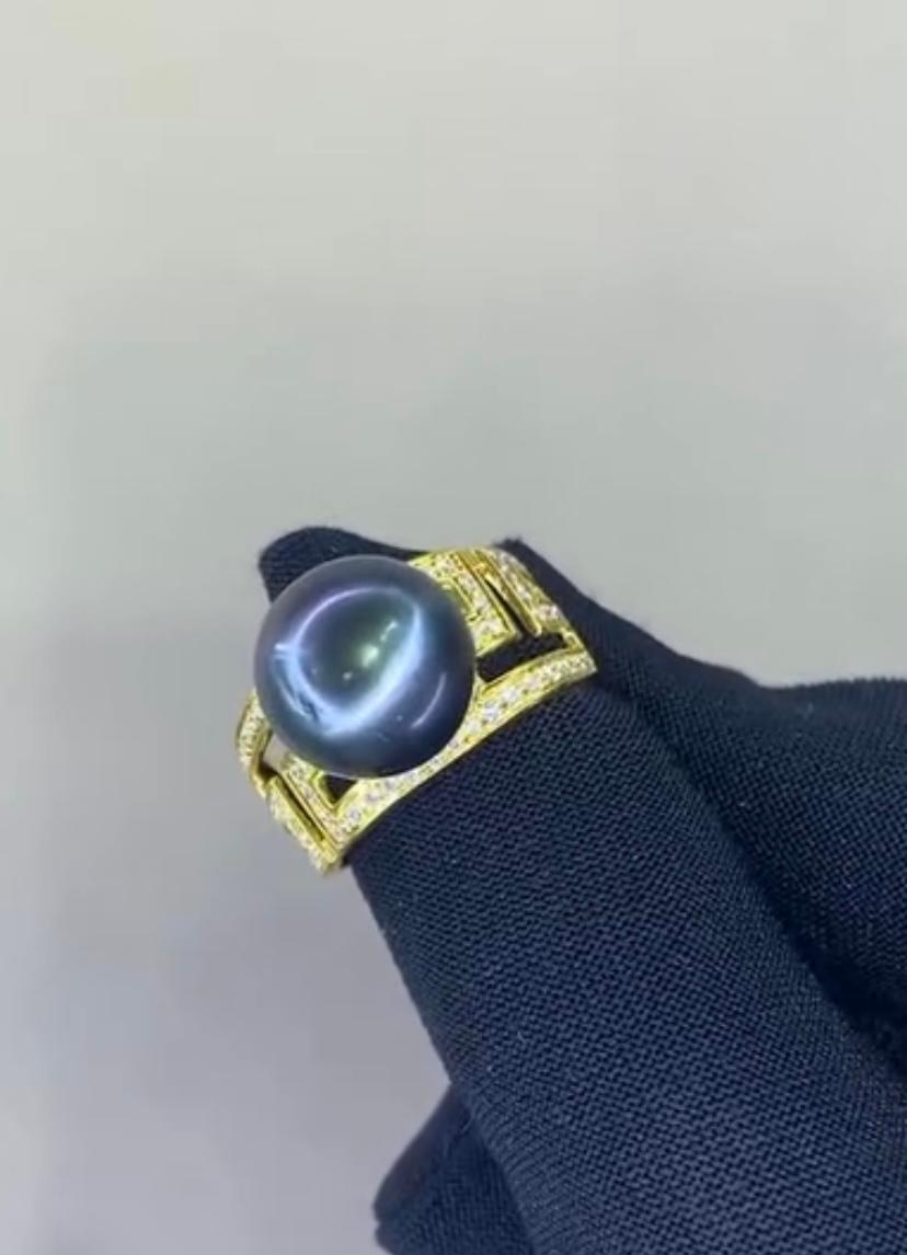 GIT Certified Thaitian Pearl Diamonds 18K Gold Ring For Sale 2