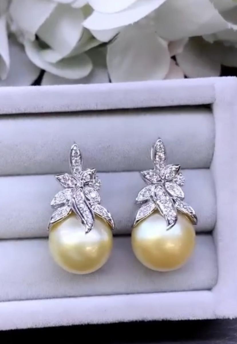 Women's GIT Certified Untreated  Golden South Sea Pearls Diamonds 18K Gold Earrings For Sale