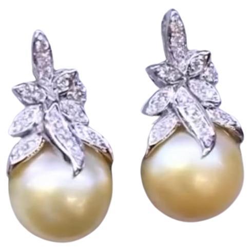 GIT Certified Untreated  Golden South Sea Pearls Diamonds 18K Gold Earrings For Sale