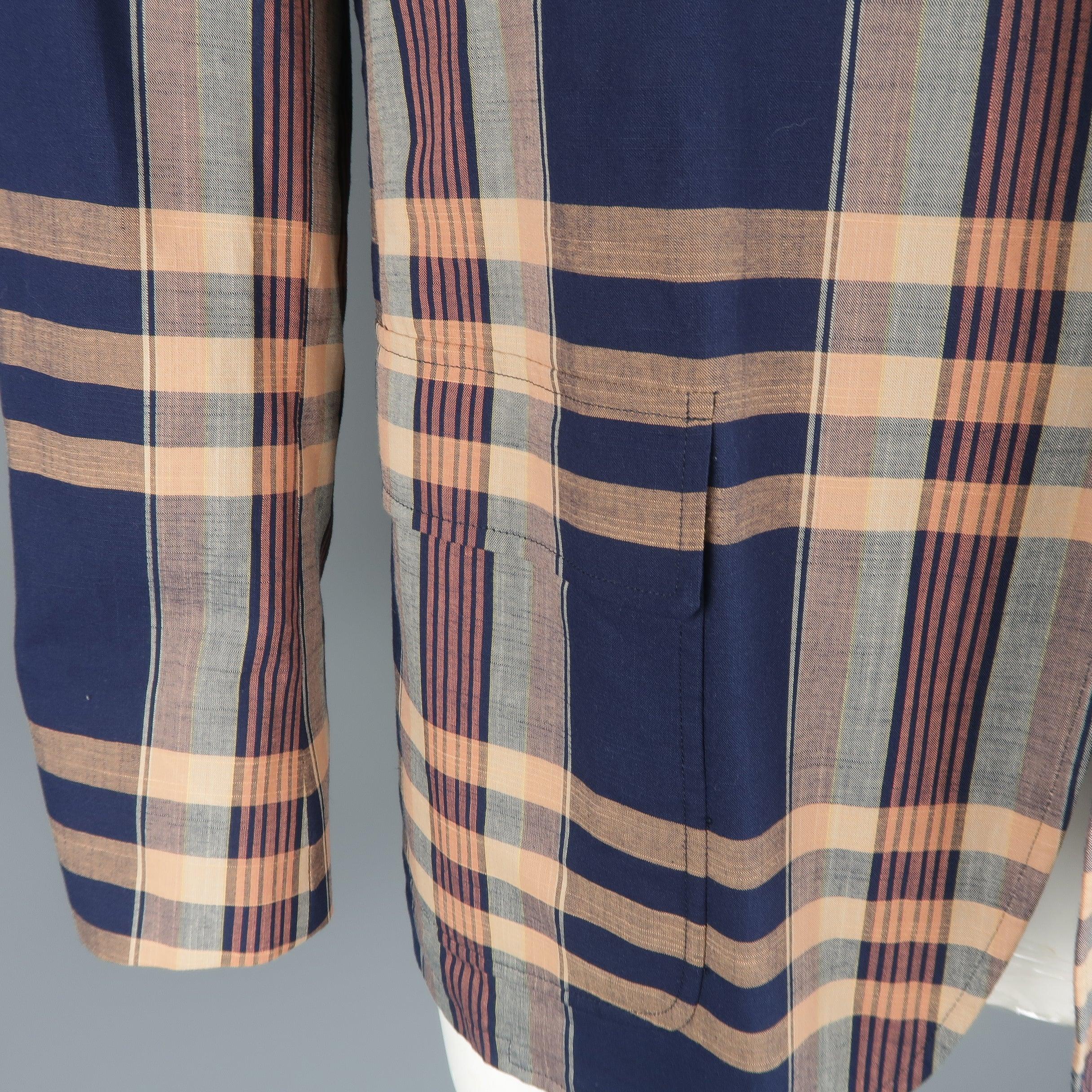 GITMAN BROS 44 Navy & Peach Plaid Cotton Notch Lapel Sport Coat In Excellent Condition For Sale In San Francisco, CA
