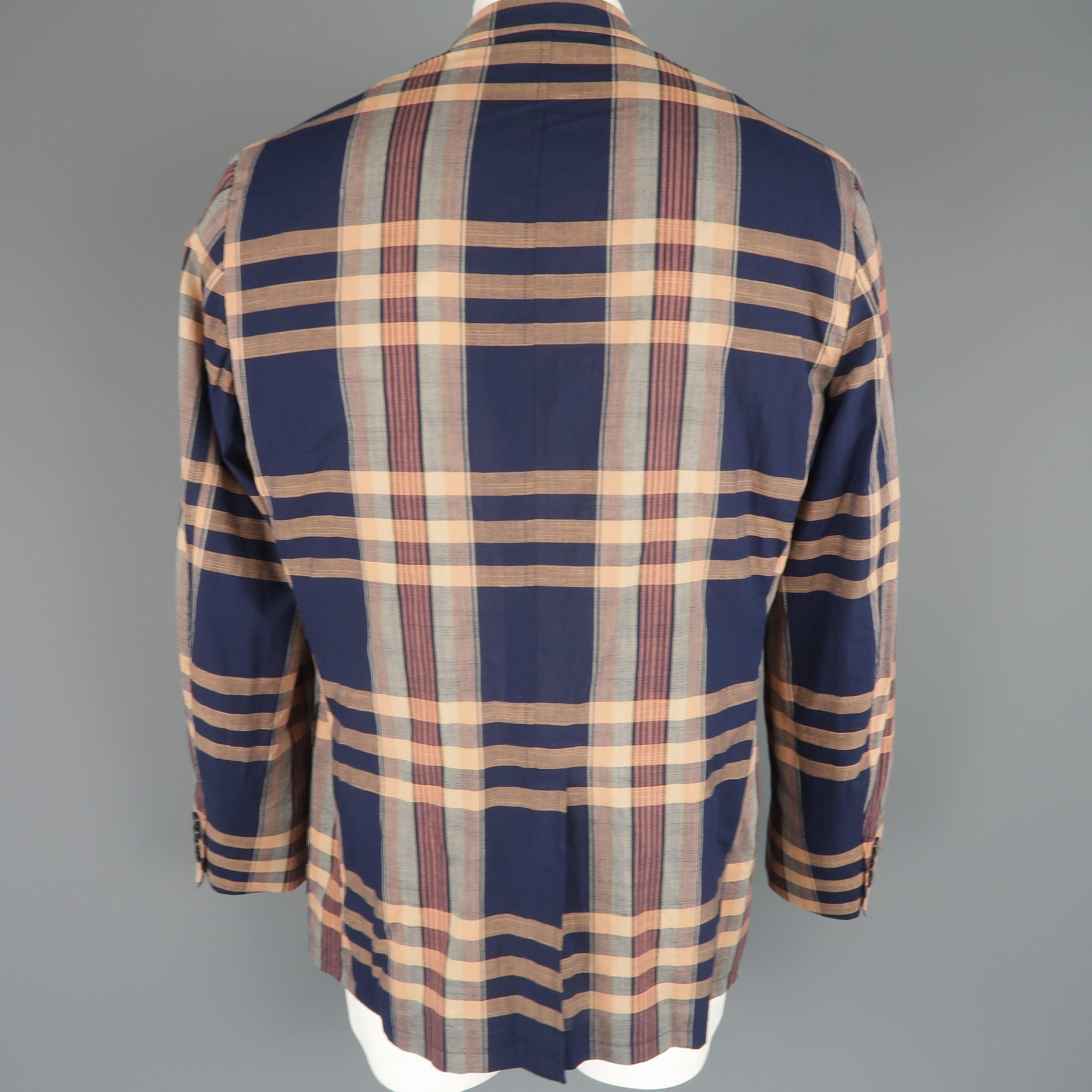 Men's GITMAN BROS 44 Navy & Peach Plaid Cotton Notch Lapel Sport Coat For Sale