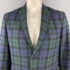 GITMAN BROS Size 42 Green & Blue Plaid Wool Notch Lapel Patch Pockets Sport Coat