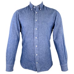 GITMAN BROS Talla M Camisa de manga larga de un bolsillo de algodón azul