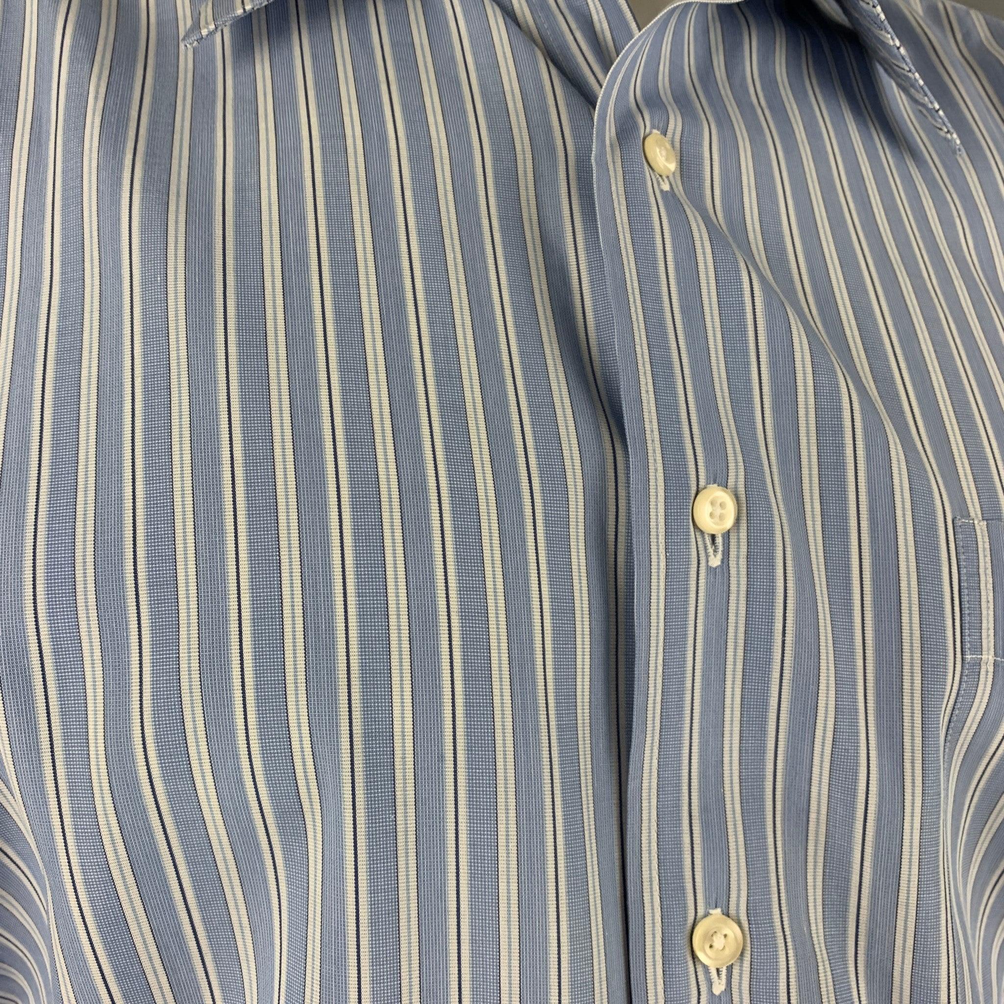 GITMAN BROS x ROCHESTER
long sleeve shirt in a blue and white cotton fabric, featuring a vertical striped pattern, oversized fit, one patch pocket, and a button closure.Very Good Pre-Owned Condition. Minor signs of wear. 

Marked:   17-36