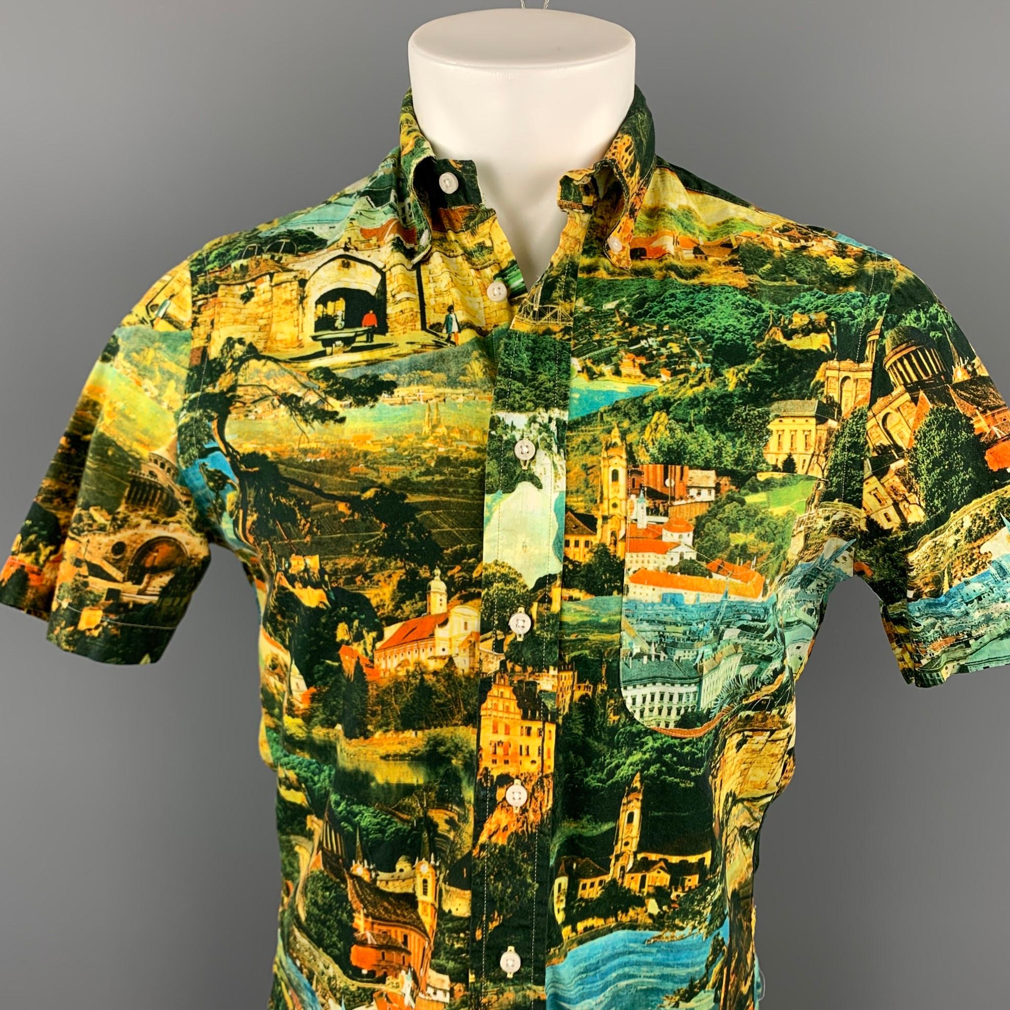 GITMAN VINTAGE short sleeve shirt comes in a multi-color print cotton featuring a button down style and a front pocket. Made in USA.

Excellent Pre-Owned Condition.
Marked: S

Measurements:

Shoulder: 17.5 in. 
Chest: 38 in. 
Sleeve: 9.5 in.
