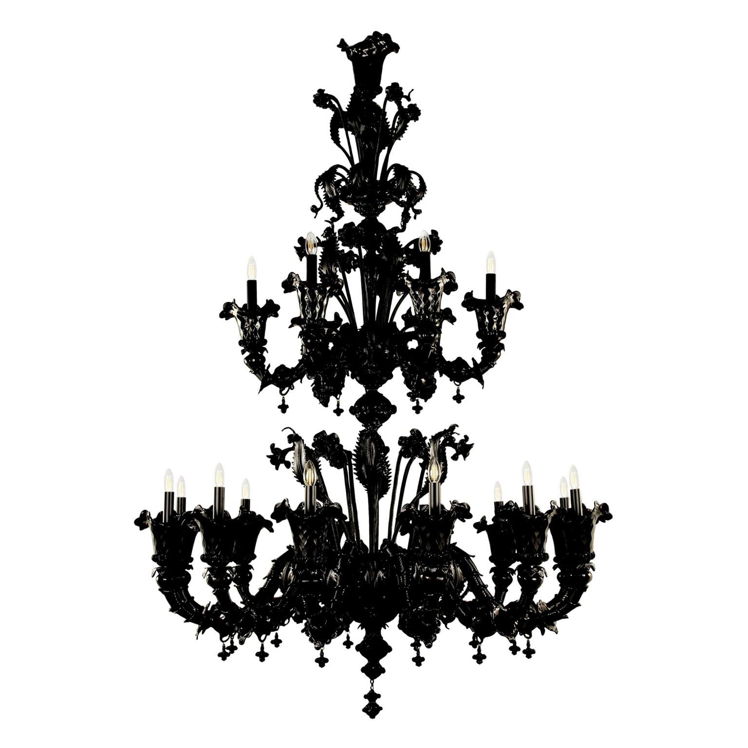 Lustre Rezzonico, 12+6 bras, multi-étages, verre de Murano noir par Multiforme