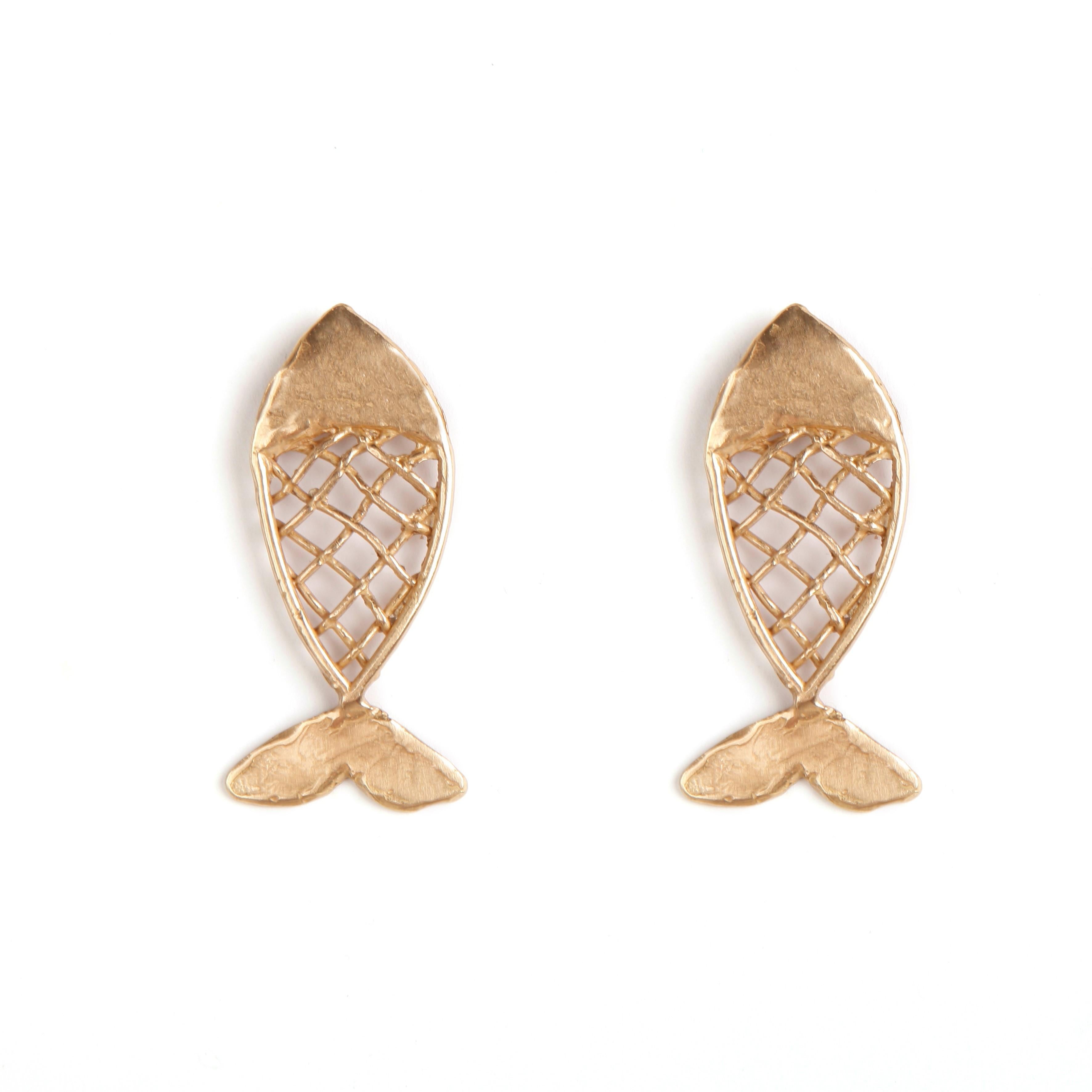Contemporary Giulia Barela Gold Plated Bronze Fish Earring For Sale