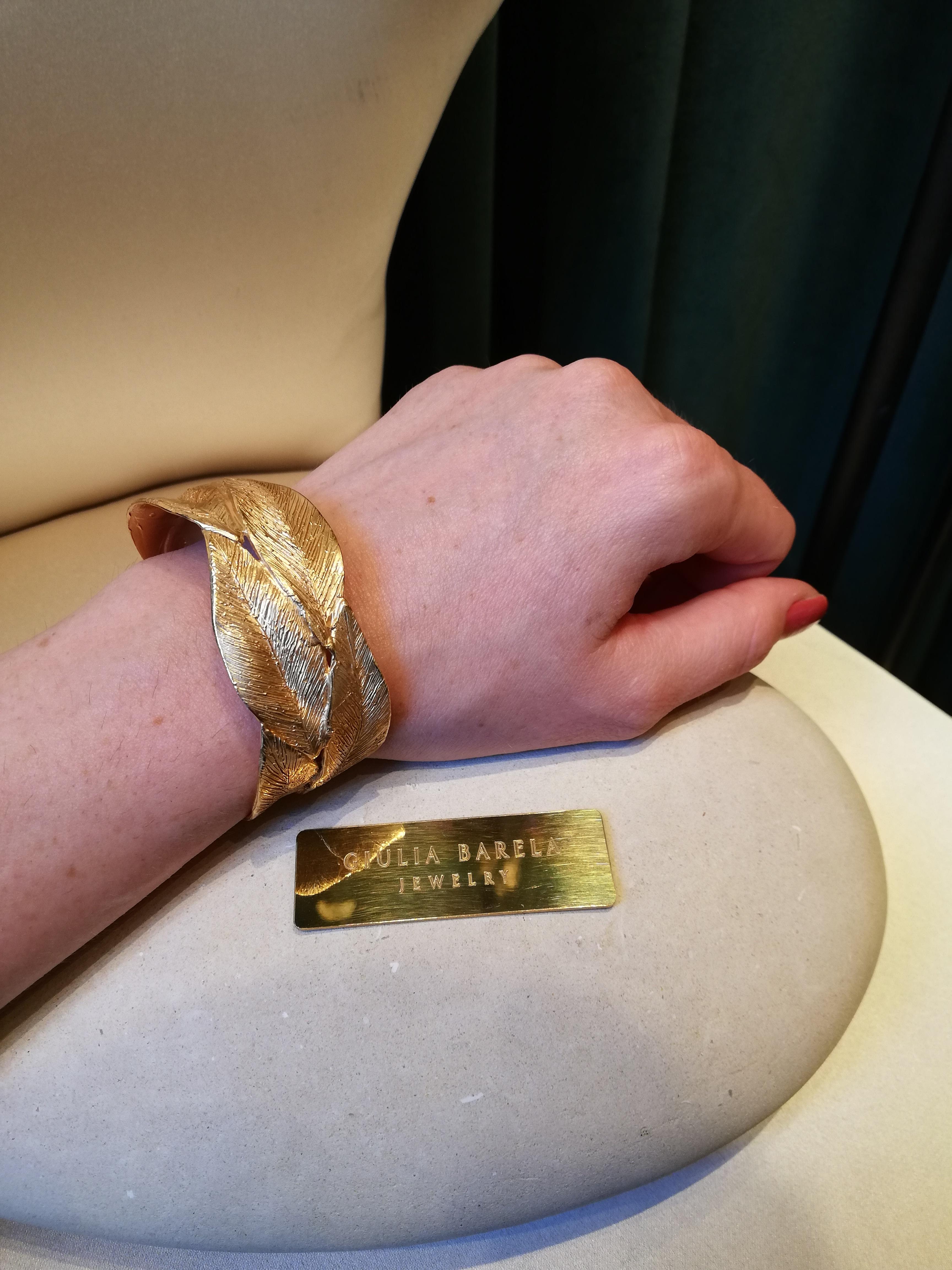 Giulia Barela Jewelry Double Leaves Cuff Bracelet Gold Plated Bronze In Excellent Condition In Rome, IT