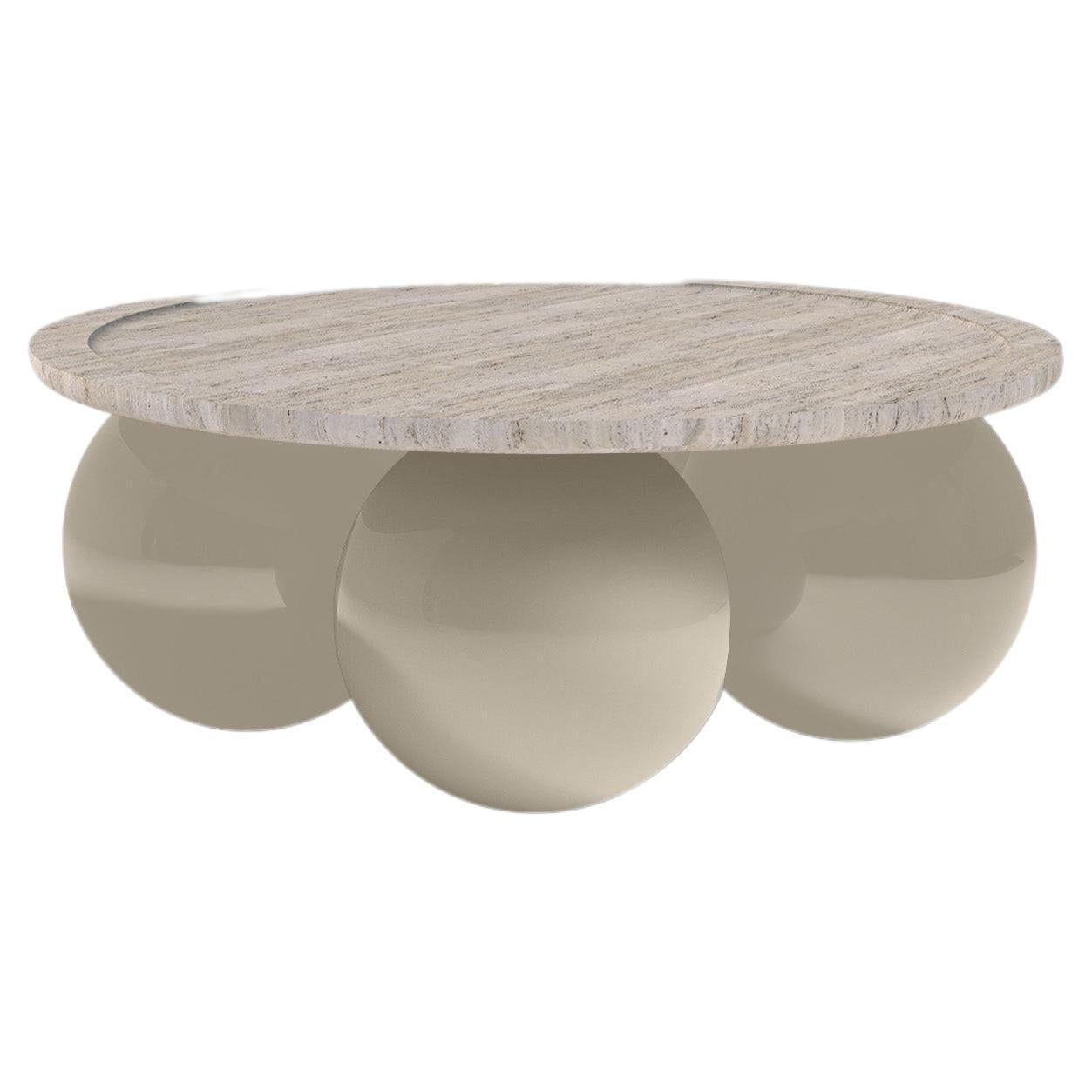 Giulia circular coffee table, Travertine top, Ivory lacquer