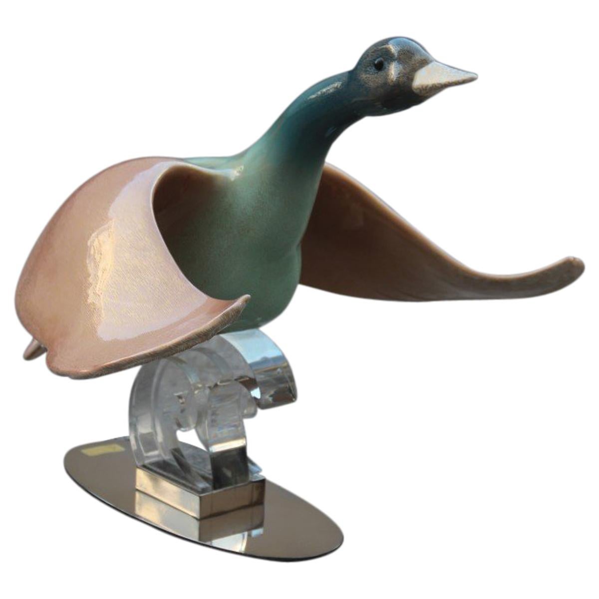 Giulia Mangani Duck in Lucite Porcelain Gold 1970 Silver Metal Made in Italy