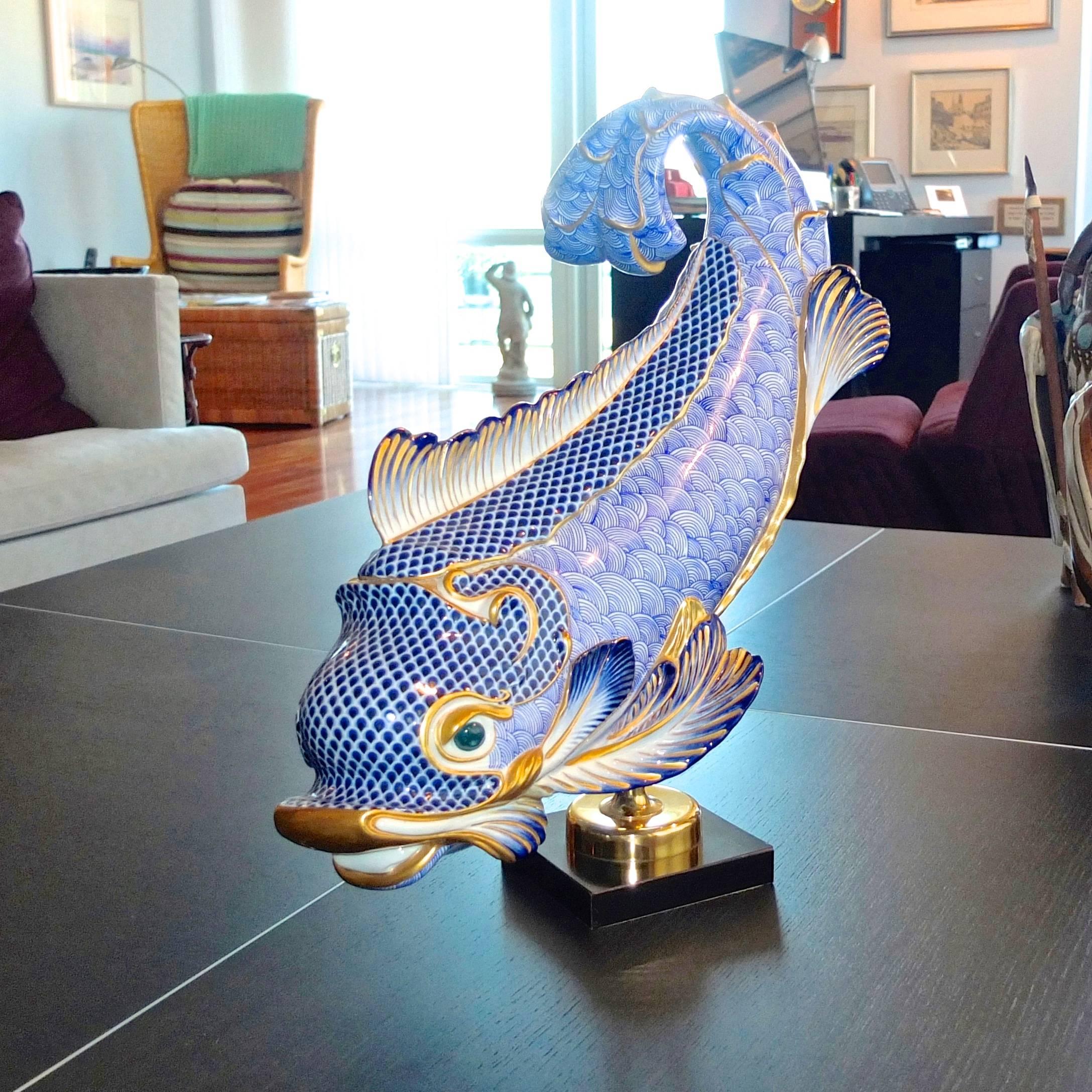 Italian Giulia Mangani for Oggetti Italy Blue & White Gilt Porcelain Dolphin on Stand