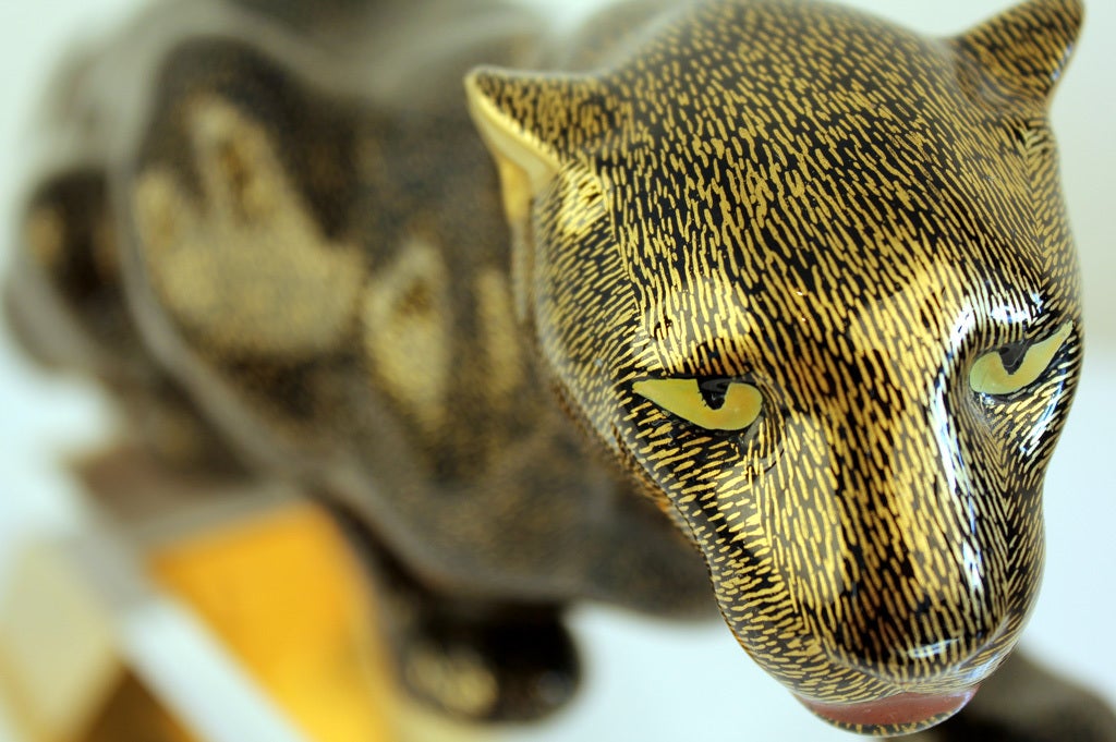 20th Century Giulia Mangani for Oggetti Italy Porcelain Panther Sculpture w/Lucite Brass Base