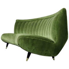 Giulia Veronesi for ISA Rare Green Curved Channel Back Velvet Sofa, Italy, 1950s