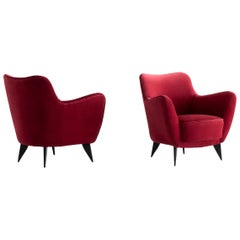 Giulia Veronesi Pair of Perla Armchairs in Red Rubelli Velvet, ISA Bergamo, 1952