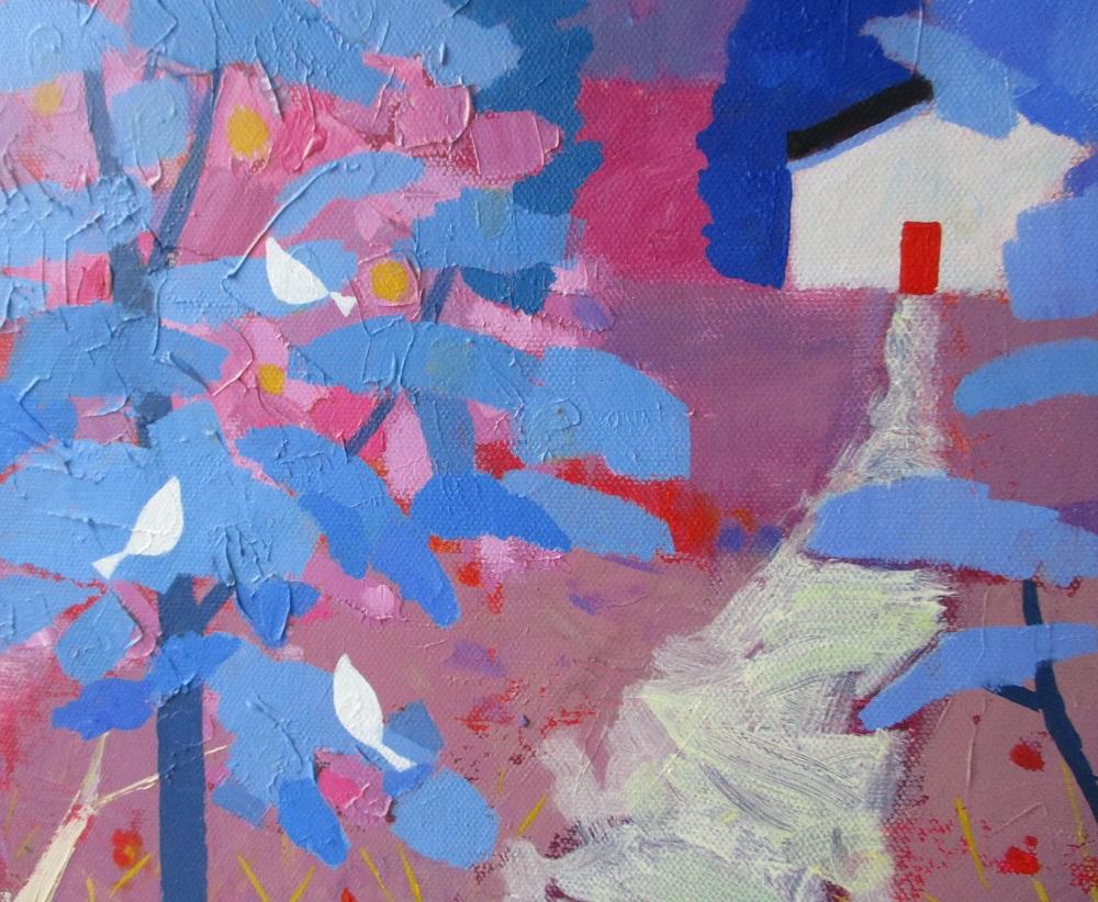 Summer Cottage, Landscape Painting, Italian Style Art, Warm Bright Art - Brown Abstract Painting by Giuliana Lazzerini