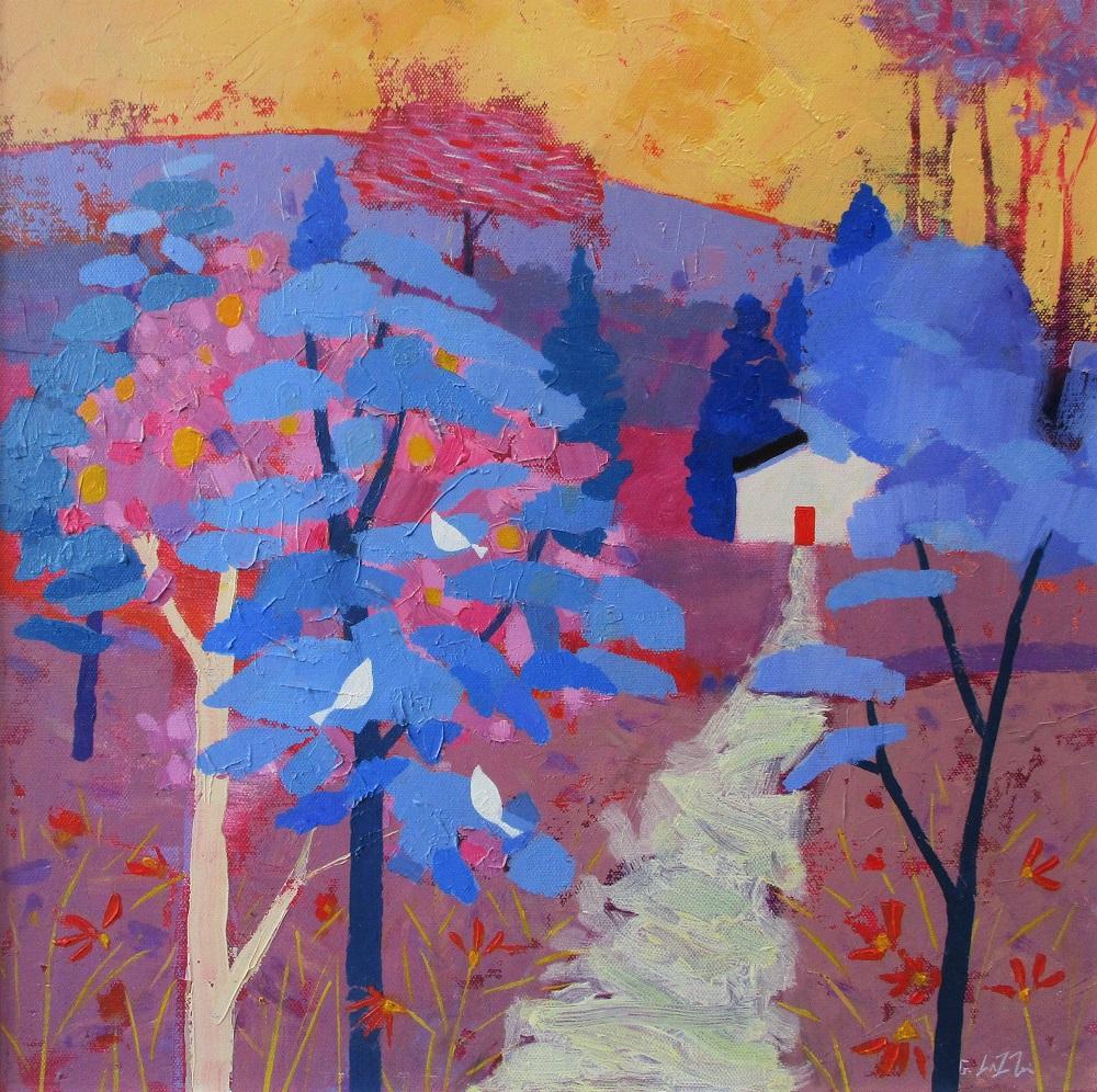 Giuliana Lazzerini Abstract Painting - Summer Cottage, Landscape Painting, Italian Style Art, Warm Bright Art