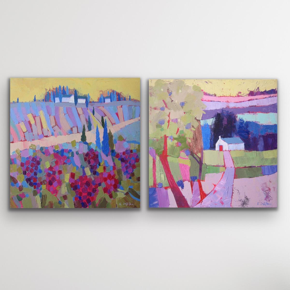 Giuliana Lazzerini Abstract Painting - Vineyards Tuscany and Cottage Paths Diptych