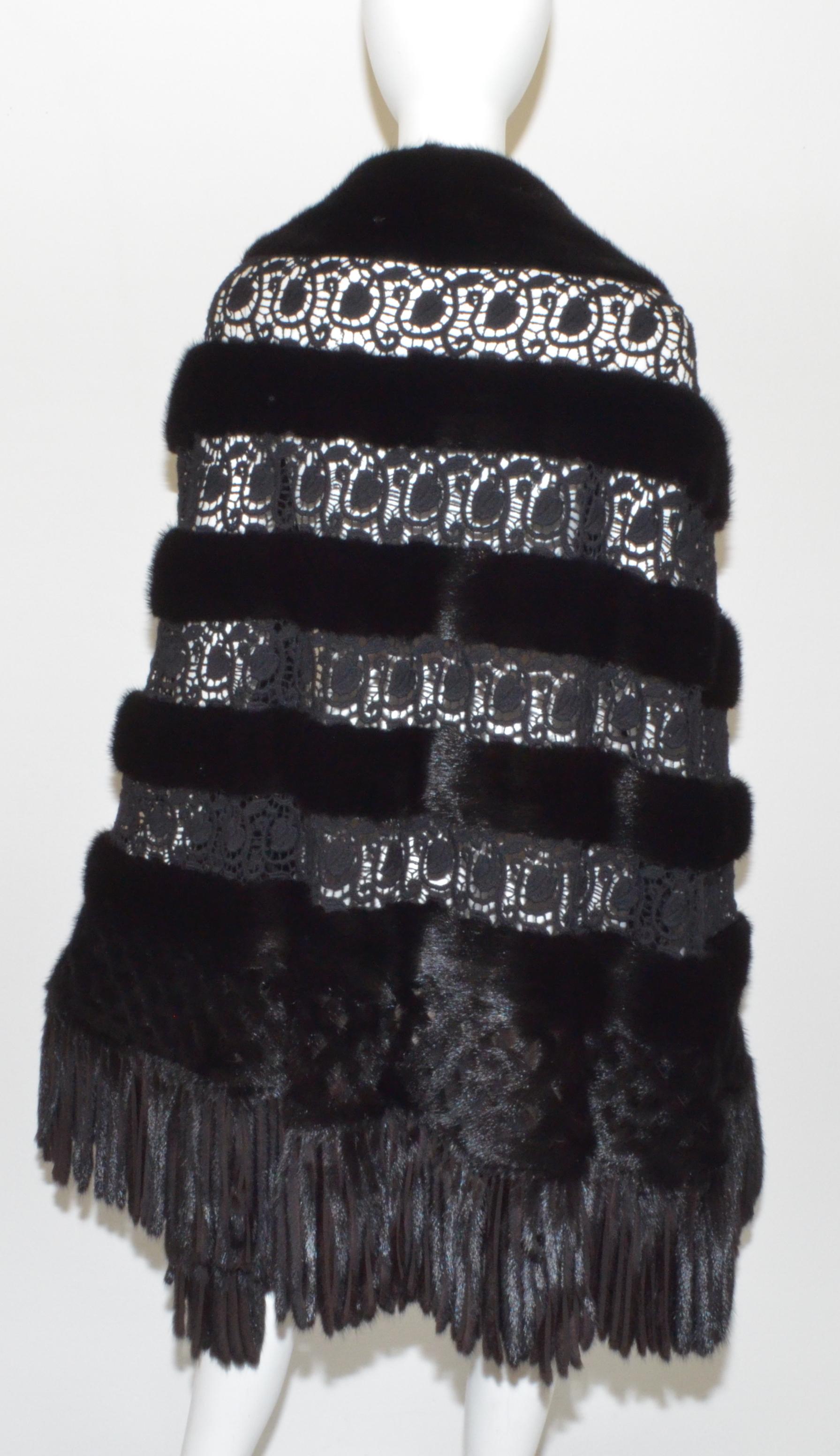 Black Giuliana Teso Mink Fur Stole with Crochet Panels