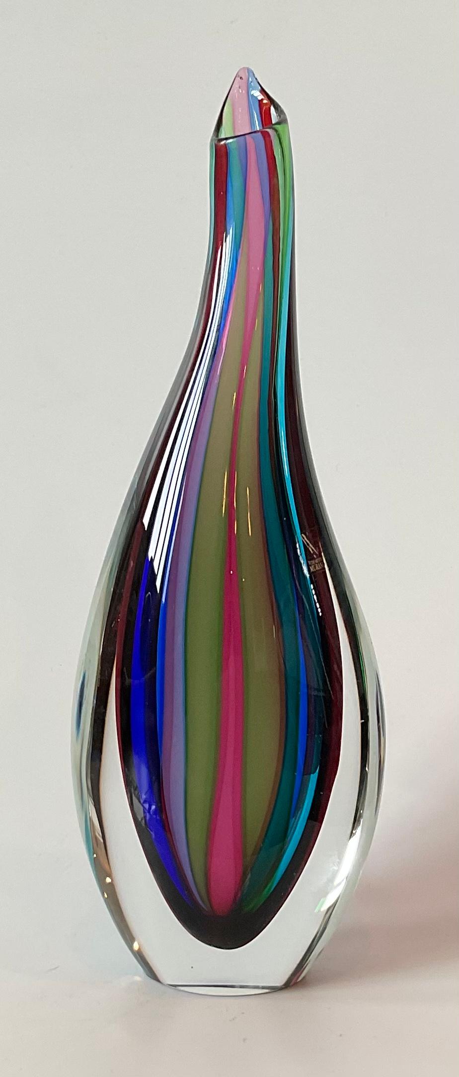 Italian Giuliani Mian Murano Art Glass Vase Striped Multi Color Signed by the Artist For Sale