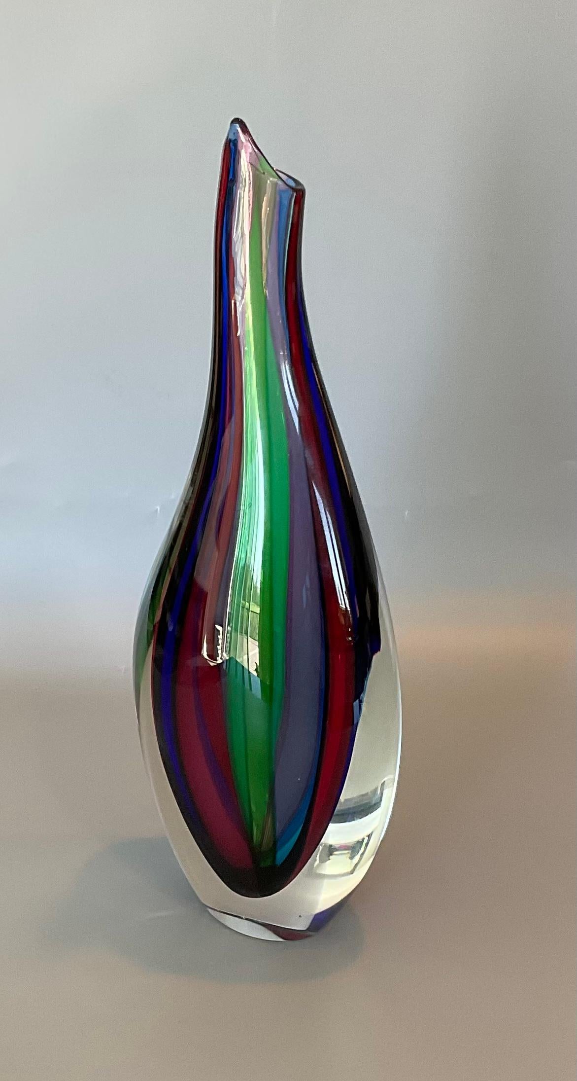 Italian Giuliani Mian Murano Art Glass Vase Striped Multi Color Signed by the Artist For Sale