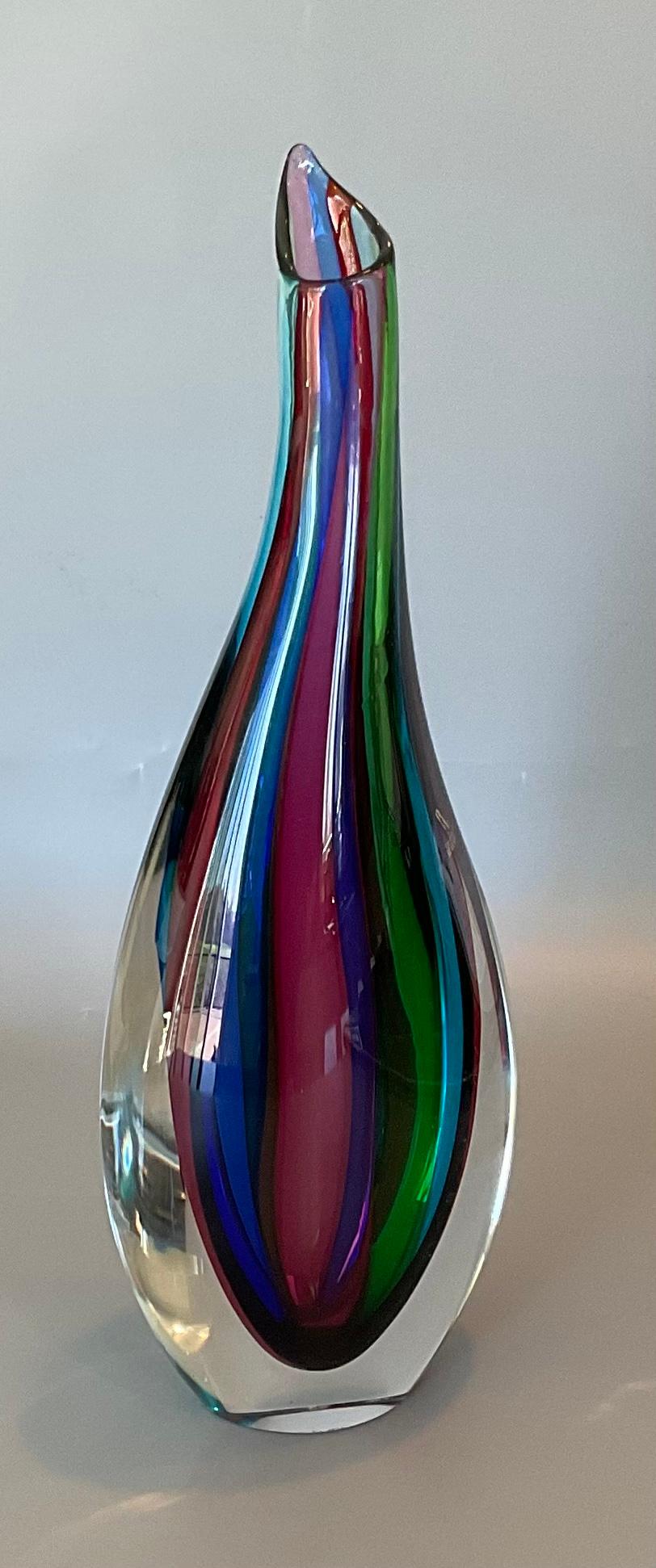 Late 20th Century Giuliani Mian Murano Art Glass Vase Striped Multi Color Signed by the Artist For Sale
