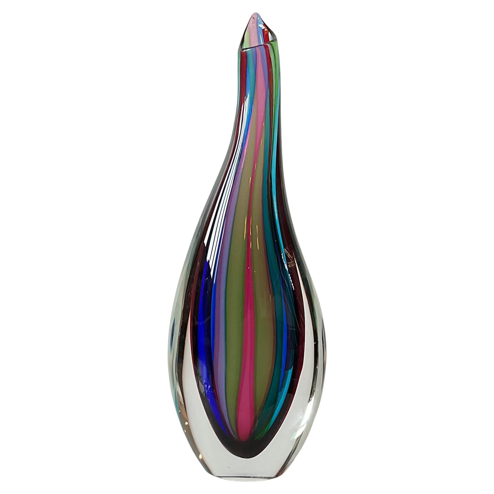 Vaso in vetro artistico di Murano Giuliani Mian a righe multicolore firmato dall'artista in vendita