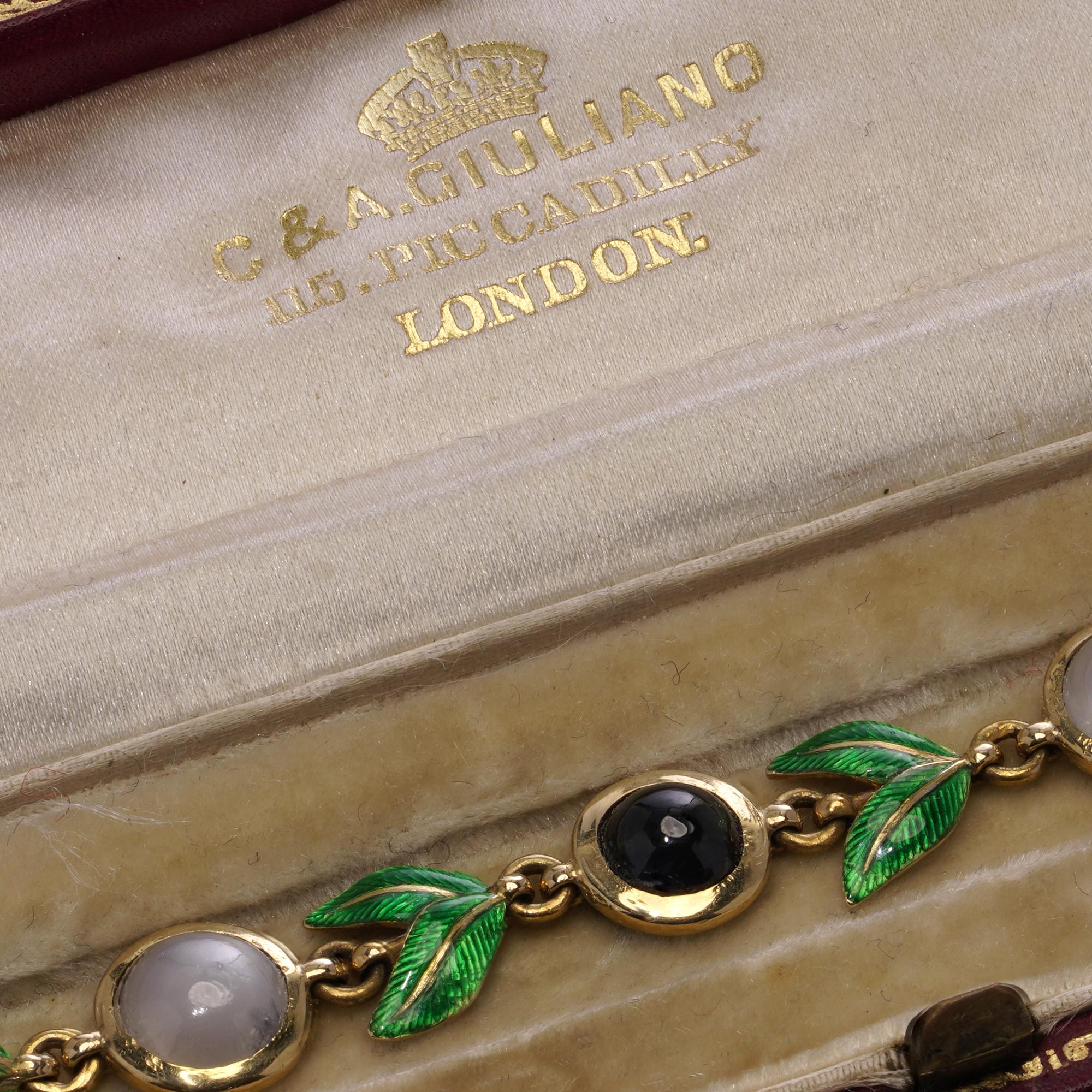 Round Cut Giuliano 18kt gold bracelet with enamel, cabochon sapphires and moonstones For Sale