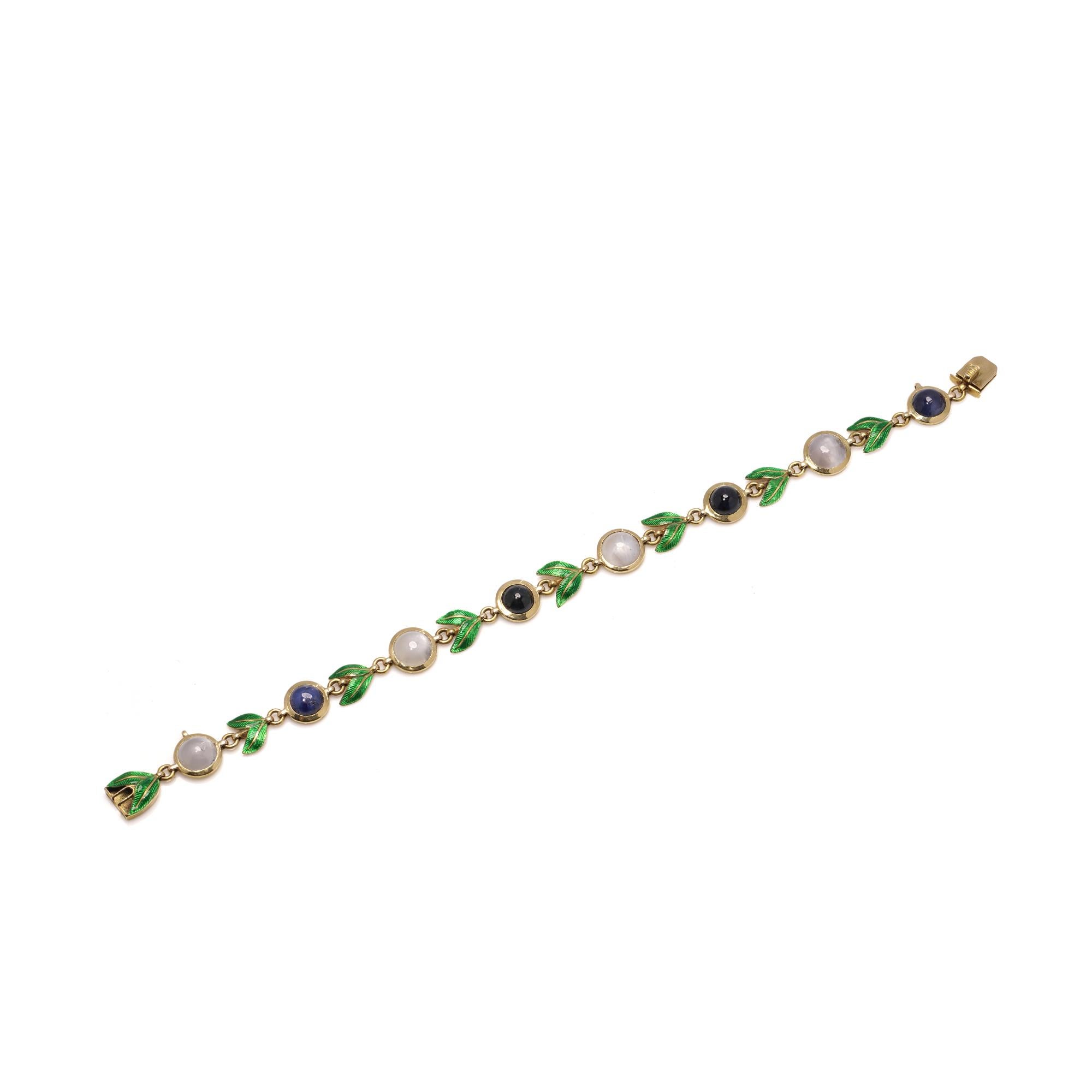 Giuliano 18kt gold bracelet with enamel, cabochon sapphires and moonstones In Good Condition For Sale In Braintree, GB